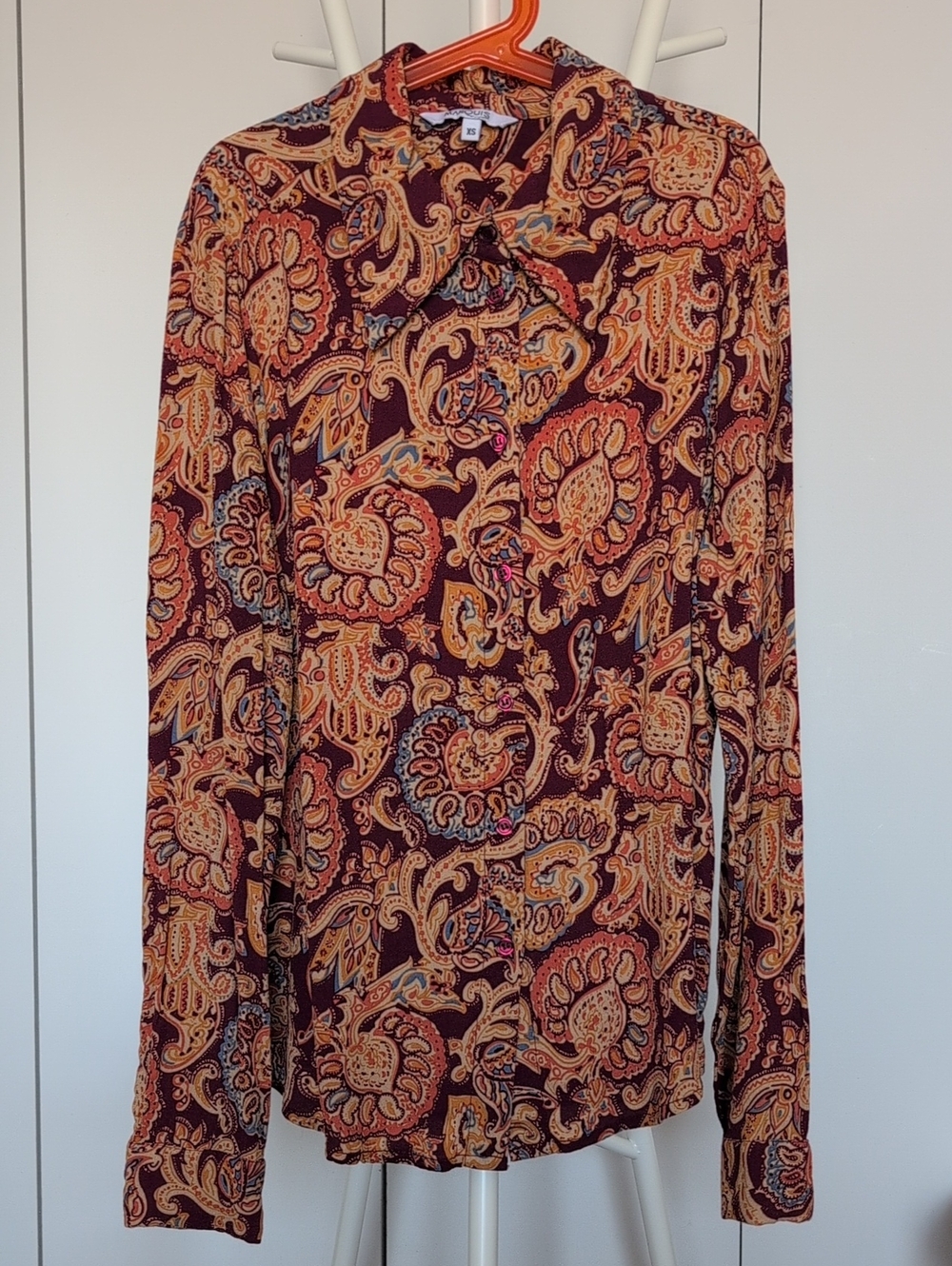 Marquis Burgundy Paisley Button-Up Blouse with Mustard Accents